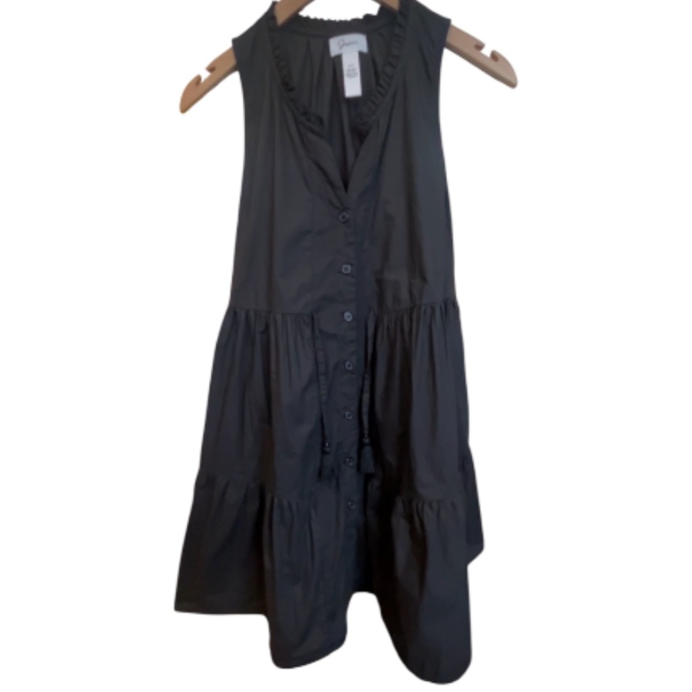 Japna Black Cotton Sleeveless Button Front Tassel Tie Tiered Boho Dress Size S